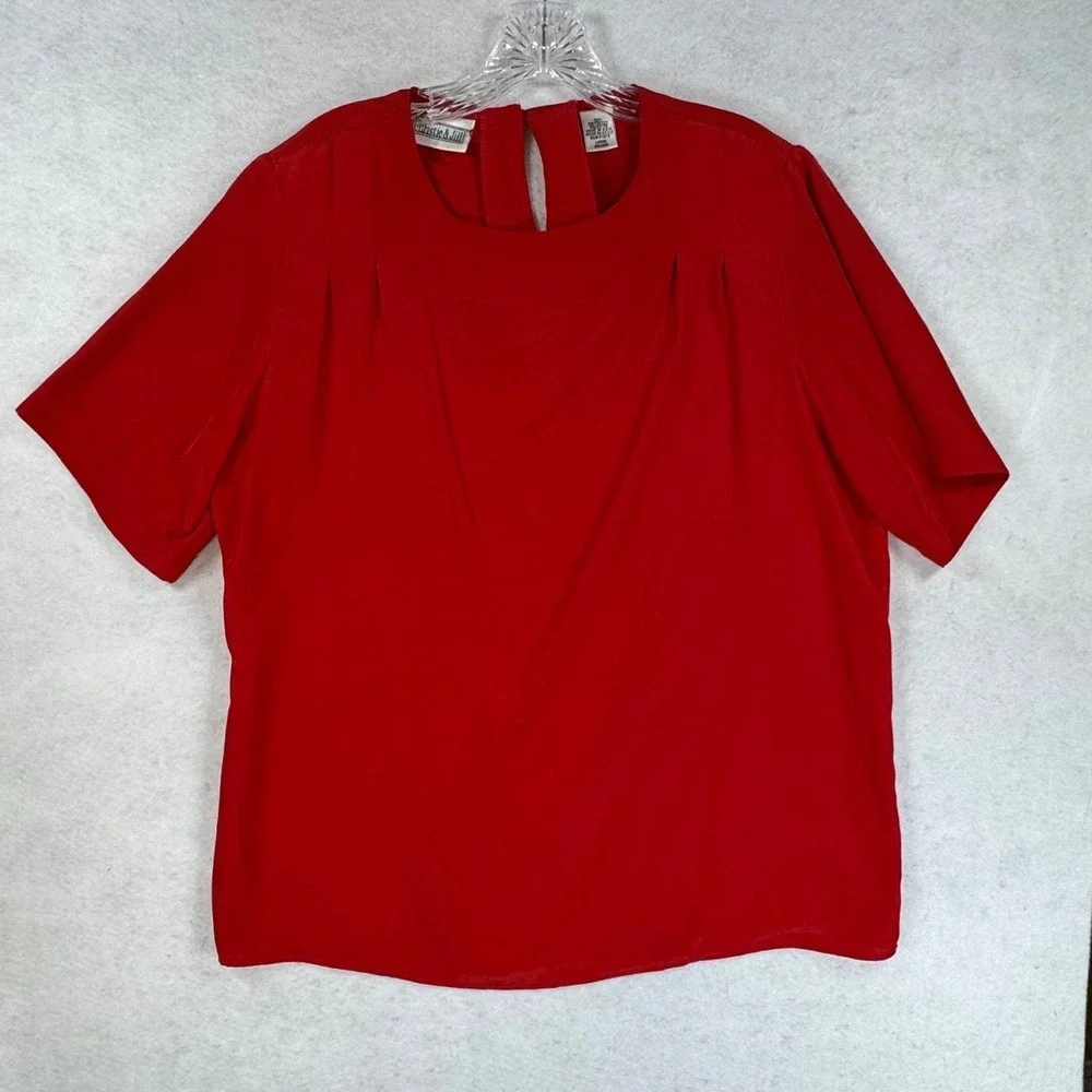 Christie & Jill Red Short Sleeve Pleated Front Blouse Large Vintage Style USA